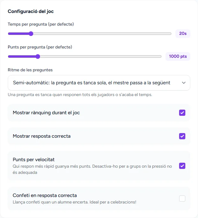 Configuració del joc a Encerta!: temps i punts per pregunta, ritme de les preguntes i l'opció de punts per velocitat